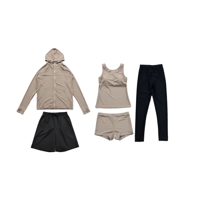 画像10: ファスナーつきラッシュバード とレギンスと布帛パンツとタンキニ上下セットの水着5点セット　水着 レディース ラッシュガード 上下セット 体型カバー セパレート タンキニ 長袖 5点セット フード付き ジップアップ レギンス uvカット upf50+ プール 海 水陸両用 [SW504] (10)