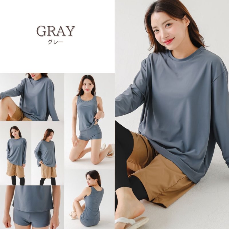 画像10: 無地　ロング袖体系カバーTシャツ　布帛ショットパンツ　レギンス　タンキニ上下セット　水着5点セット レディース 体型カバー ラッシュガード 長袖 5点セット フィットネス [SW502] (10)