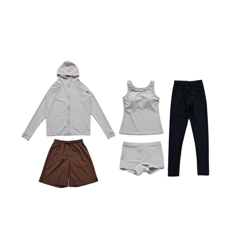 画像12: ファスナーつきラッシュバード とレギンスと布帛パンツとタンキニ上下セットの水着5点セット　水着 レディース ラッシュガード 上下セット 体型カバー セパレート タンキニ 長袖 5点セット フード付き ジップアップ レギンス uvカット upf50+ プール 海 水陸両用 [SW504] (12)