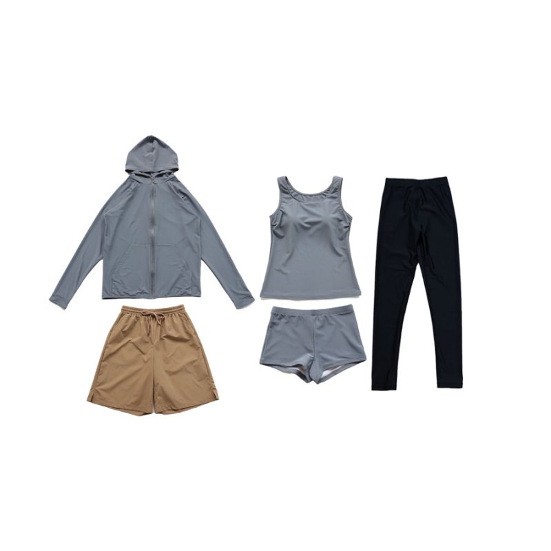 画像8: ファスナーつきラッシュバード とレギンスと布帛パンツとタンキニ上下セットの水着5点セット　水着 レディース ラッシュガード 上下セット 体型カバー セパレート タンキニ 長袖 5点セット フード付き ジップアップ レギンス uvカット upf50+ プール 海 水陸両用 [SW504] (8)