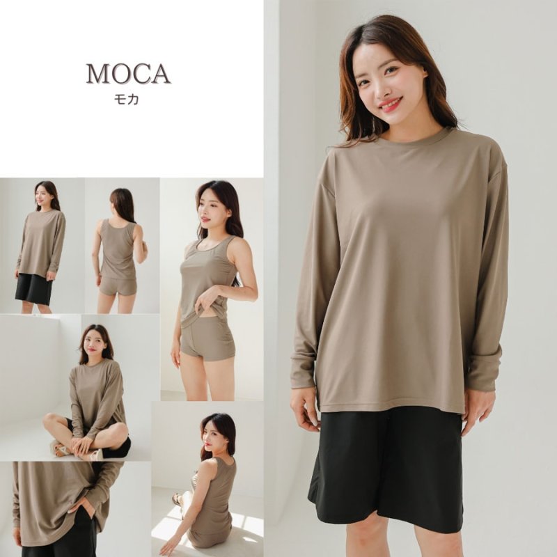 画像15: 無地　ロング袖体系カバーTシャツ　布帛ショットパンツ　レギンス　タンキニ上下セット　水着5点セット レディース 体型カバー ラッシュガード 長袖 5点セット フィットネス [SW502] (15)