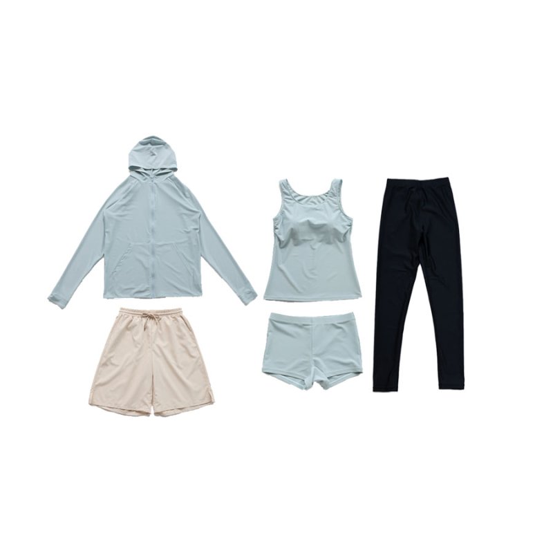 画像13: ファスナーつきラッシュバード とレギンスと布帛パンツとタンキニ上下セットの水着5点セット　水着 レディース ラッシュガード 上下セット 体型カバー セパレート タンキニ 長袖 5点セット フード付き ジップアップ レギンス uvカット upf50+ プール 海 水陸両用 [SW504] (13)