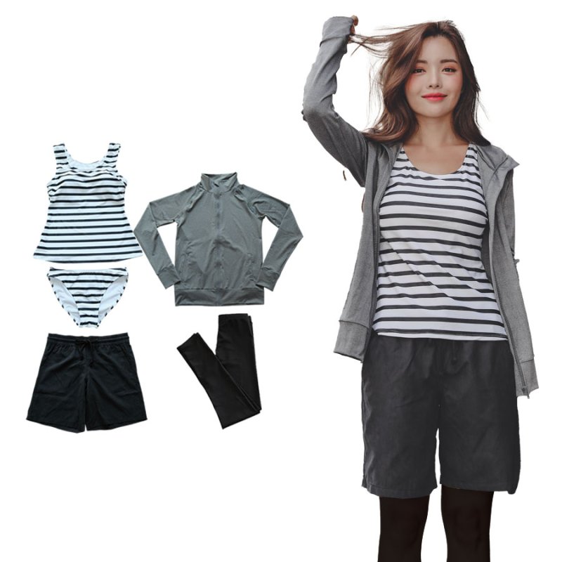 画像12: ラッシュガード　布帛ショットパンツ　タンキニ上下セット　レギンス　水着5点セット　体型カバー セパレート タンキニ 長袖 5点セット フード付き パーカー レギンス uvカットupf50+ プール 海 海水浴 サウナ　ヨガウェア [SW503] (12)