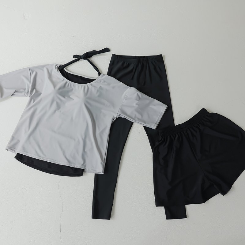 画像25: インナー付きトップスとレギンスとショットパンツの体型カバー水着３点セット 水着 韓国風 かわいい 速乾性 スポーツ パッド付き 水泳用 水陸両用 普段着 女性用 (25)