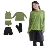画像4: 体系カバー水着５点セット　Tシャツ　布帛サーフパンツ　レギンス　タンキニ上下セット運動服　ヨガ　スポーツウェア レディース ラッシュガード 上下セット 体型カバー セパレート タンキニ 長袖 レギンス uvカット upf50+ プール 海 水陸両用 無地シンプル色展開　 [SW509] (4)