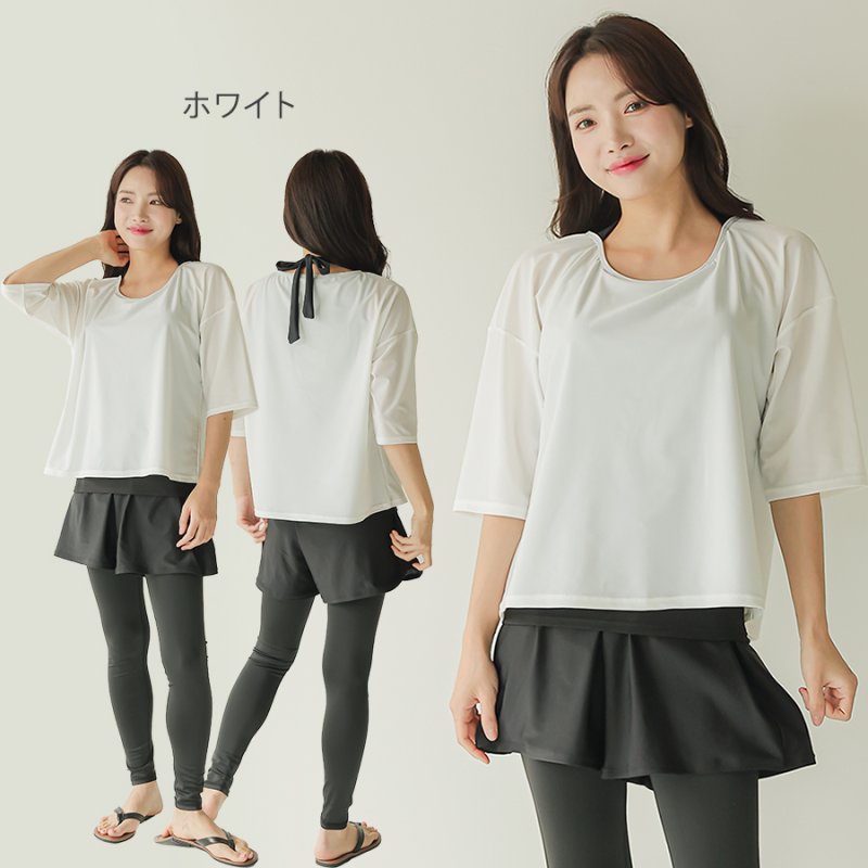 画像28: インナー付きトップスとレギンスとショットパンツの体型カバー水着３点セット 水着 韓国風 かわいい 速乾性 スポーツ パッド付き 水泳用 水陸両用 普段着 女性用 (28)