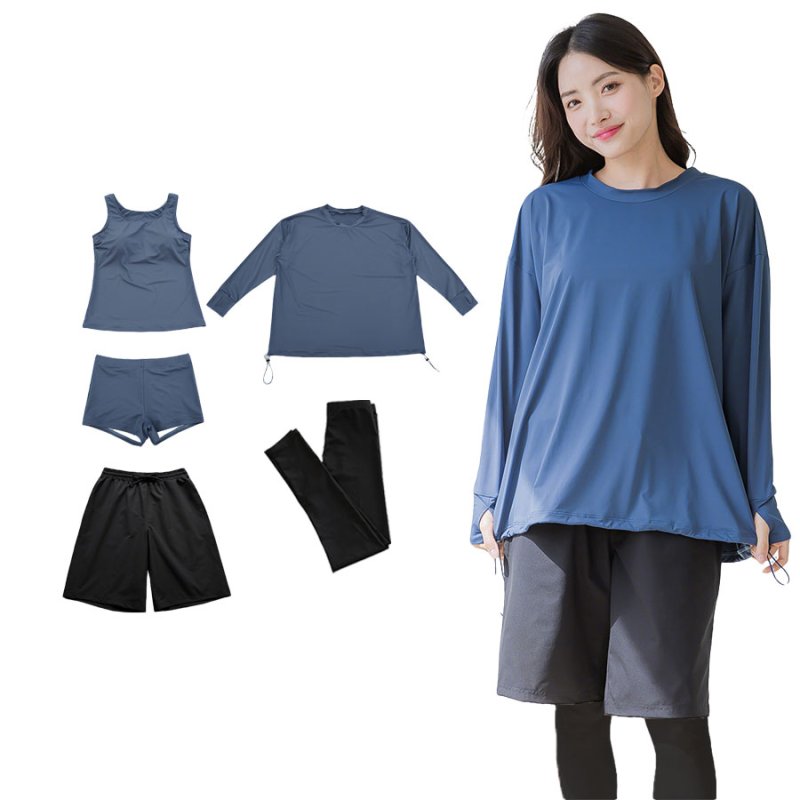 画像7: 体系カバー水着５点セット　Tシャツ　布帛サーフパンツ　レギンス　タンキニ上下セット運動服　ヨガ　スポーツウェア レディース ラッシュガード 上下セット 体型カバー セパレート タンキニ 長袖 レギンス uvカット upf50+ プール 海 水陸両用 無地シンプル色展開　 [SW509] (7)