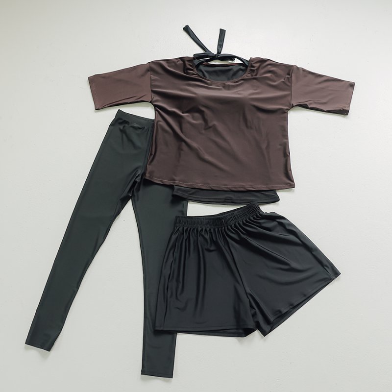 画像31: インナー付きトップスとレギンスとショットパンツの体型カバー水着３点セット 水着 韓国風 かわいい 速乾性 スポーツ パッド付き 水泳用 水陸両用 普段着 女性用 (31)