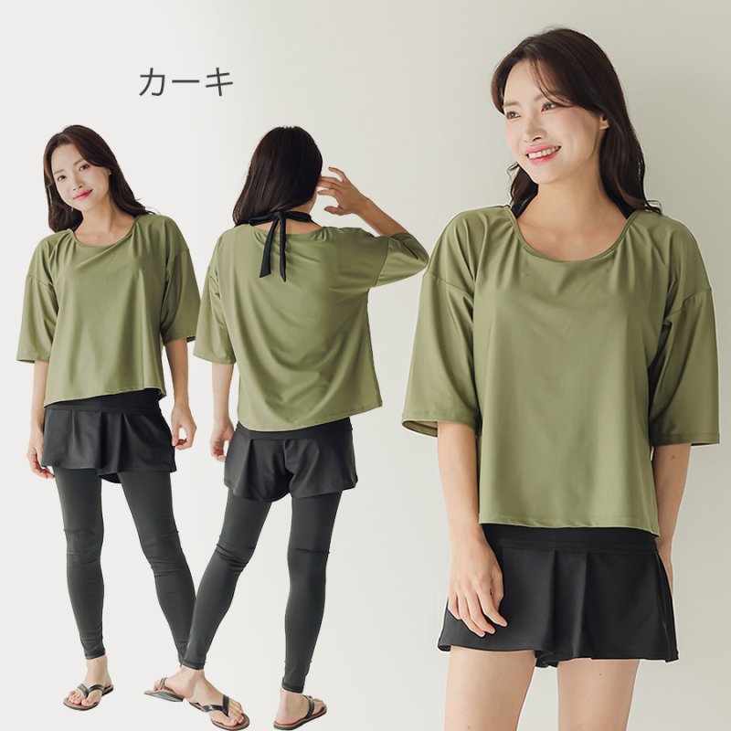 画像18: インナー付きトップスとレギンスとショットパンツの体型カバー水着３点セット 水着 韓国風 かわいい 速乾性 スポーツ パッド付き 水泳用 水陸両用 普段着 女性用 (18)