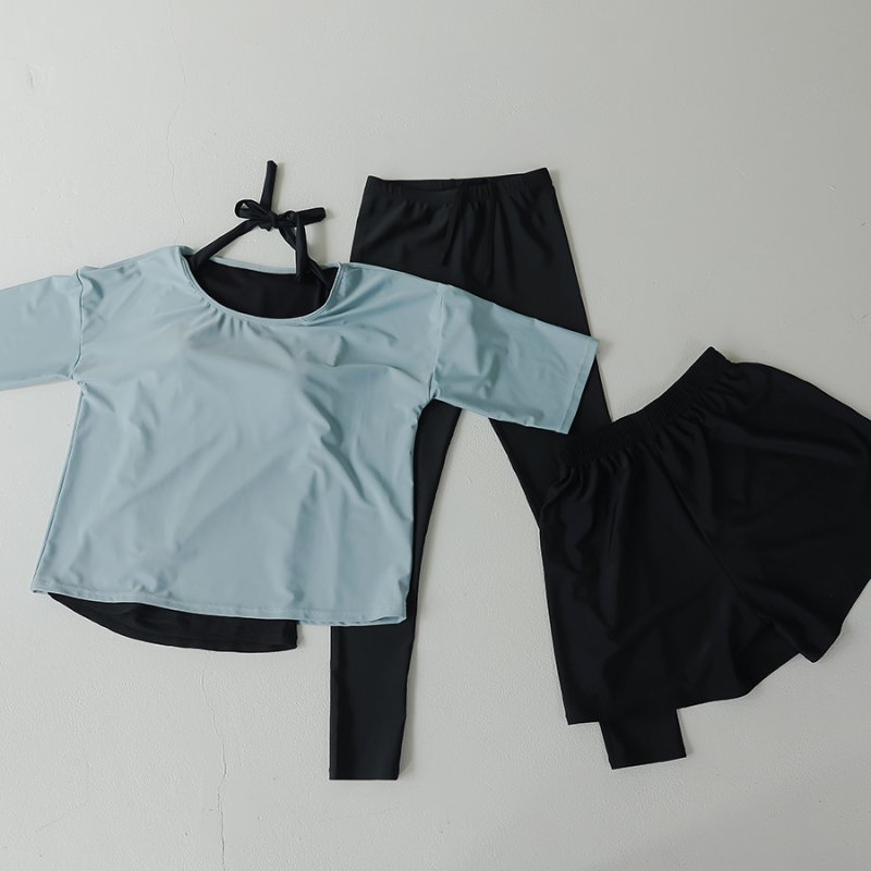 画像27: インナー付きトップスとレギンスとショットパンツの体型カバー水着３点セット 水着 韓国風 かわいい 速乾性 スポーツ パッド付き 水泳用 水陸両用 普段着 女性用 (27)