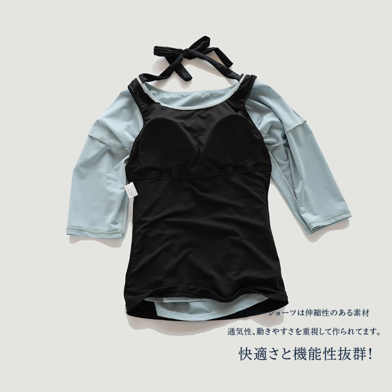 画像13: インナー付きトップスとレギンスとショットパンツの体型カバー水着３点セット 水着 韓国風 かわいい 速乾性 スポーツ パッド付き 水泳用 水陸両用 普段着 女性用 (13)