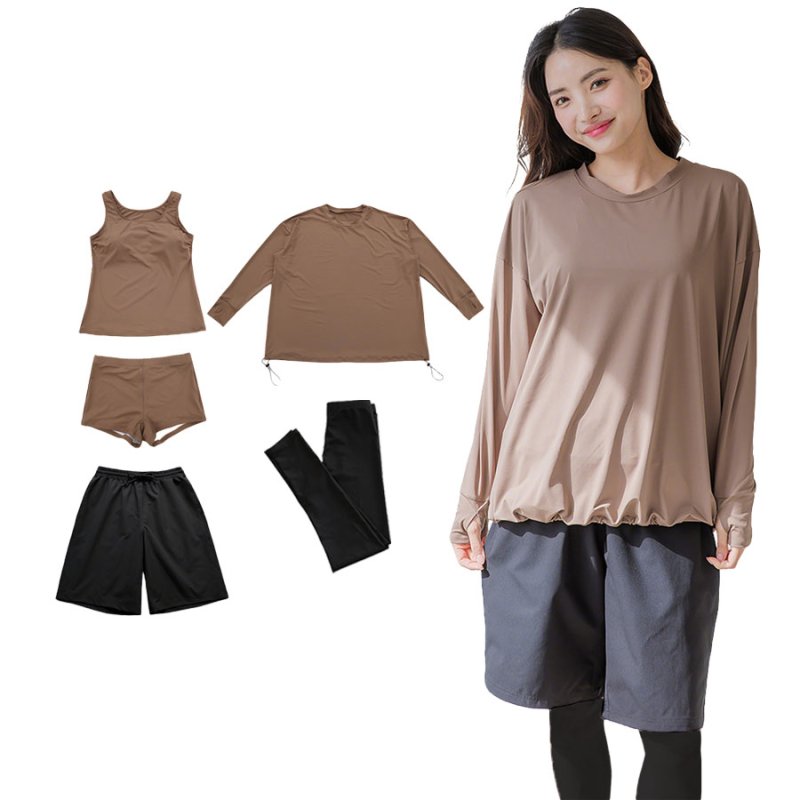 画像5: 体系カバー水着５点セット　Tシャツ　布帛サーフパンツ　レギンス　タンキニ上下セット運動服　ヨガ　スポーツウェア レディース ラッシュガード 上下セット 体型カバー セパレート タンキニ 長袖 レギンス uvカット upf50+ プール 海 水陸両用 無地シンプル色展開　 [SW509] (5)