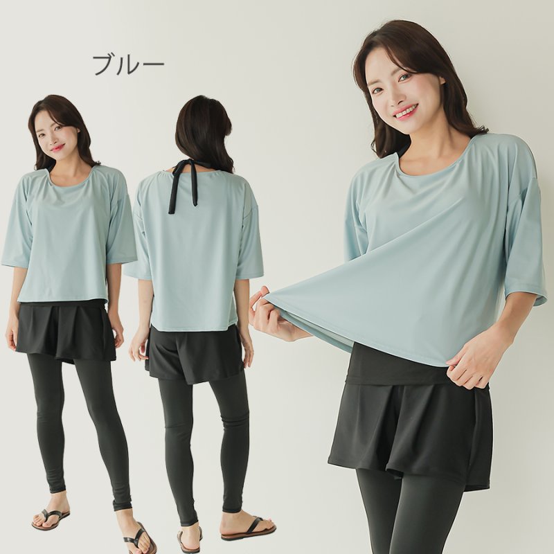 画像26: インナー付きトップスとレギンスとショットパンツの体型カバー水着３点セット 水着 韓国風 かわいい 速乾性 スポーツ パッド付き 水泳用 水陸両用 普段着 女性用 (26)