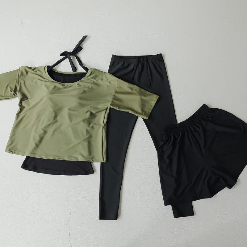 画像19: インナー付きトップスとレギンスとショットパンツの体型カバー水着３点セット 水着 韓国風 かわいい 速乾性 スポーツ パッド付き 水泳用 水陸両用 普段着 女性用 (19)