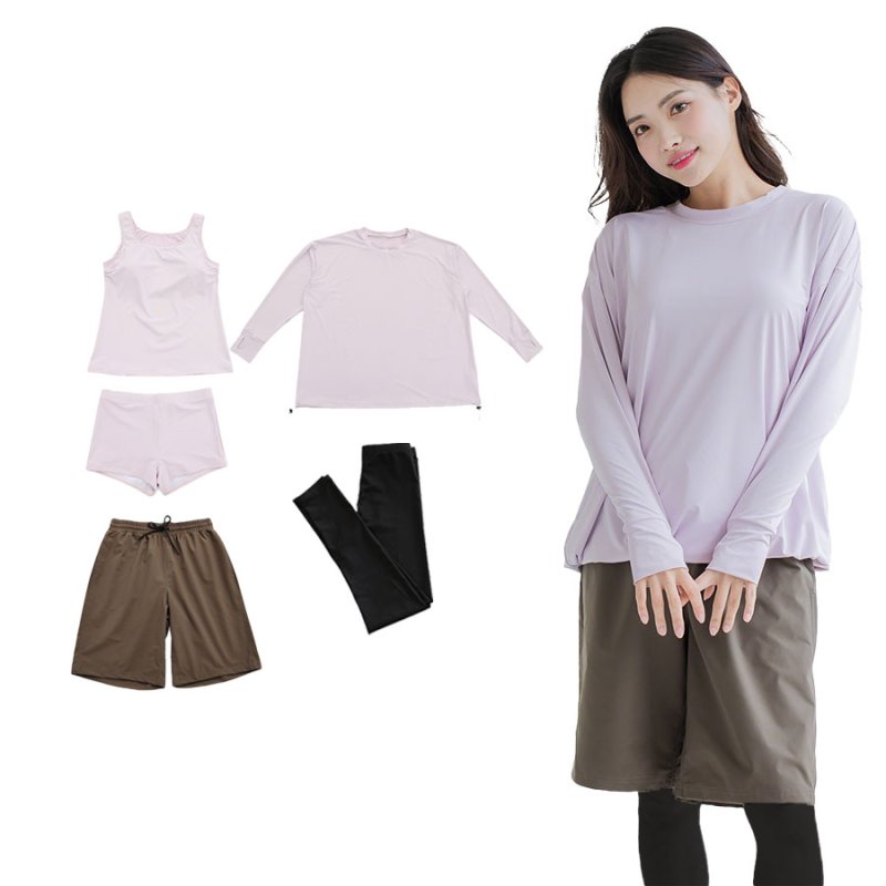 画像9: 体系カバー水着５点セット　Tシャツ　布帛サーフパンツ　レギンス　タンキニ上下セット運動服　ヨガ　スポーツウェア レディース ラッシュガード 上下セット 体型カバー セパレート タンキニ 長袖 レギンス uvカット upf50+ プール 海 水陸両用 無地シンプル色展開　 [SW509] (9)