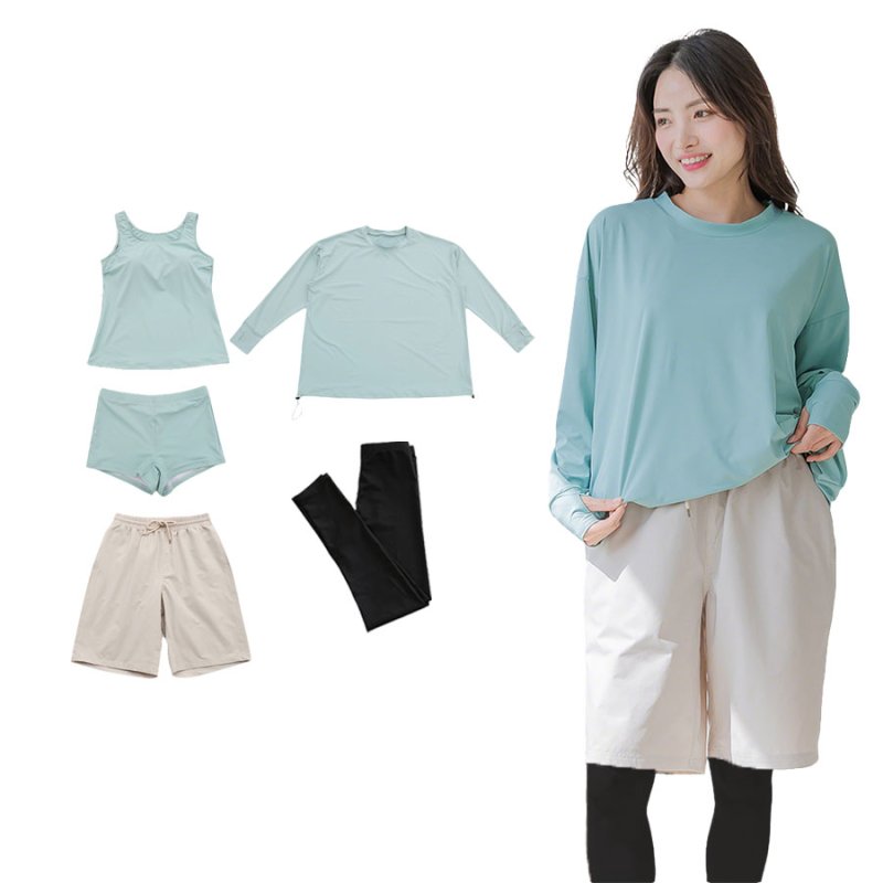 画像8: 体系カバー水着５点セット　Tシャツ　布帛サーフパンツ　レギンス　タンキニ上下セット運動服　ヨガ　スポーツウェア レディース ラッシュガード 上下セット 体型カバー セパレート タンキニ 長袖 レギンス uvカット upf50+ プール 海 水陸両用 無地シンプル色展開　 [SW509] (8)