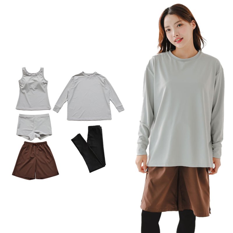 画像20: 無地　ロング袖体系カバーTシャツ　布帛ショットパンツ　レギンス　タンキニ上下セット　水着5点セット レディース 体型カバー ラッシュガード 長袖 5点セット フィットネス [SW502] (20)