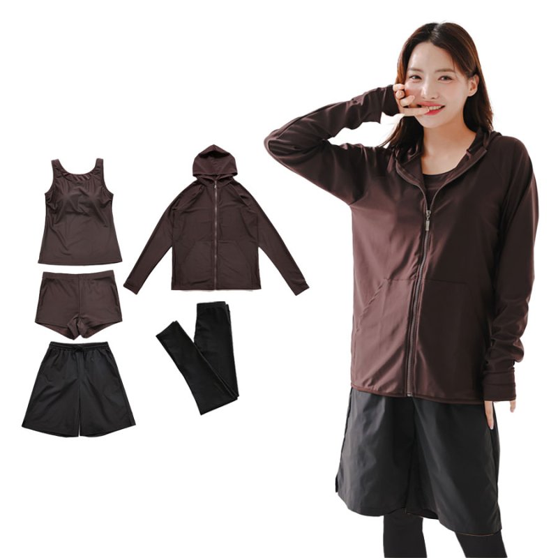 画像23: ファスナーつきラッシュバード とレギンスと布帛パンツとタンキニ上下セットの水着5点セット　水着 レディース ラッシュガード 上下セット 体型カバー セパレート タンキニ 長袖 5点セット フード付き ジップアップ レギンス uvカット upf50+ プール 海 水陸両用 [SW504] (23)