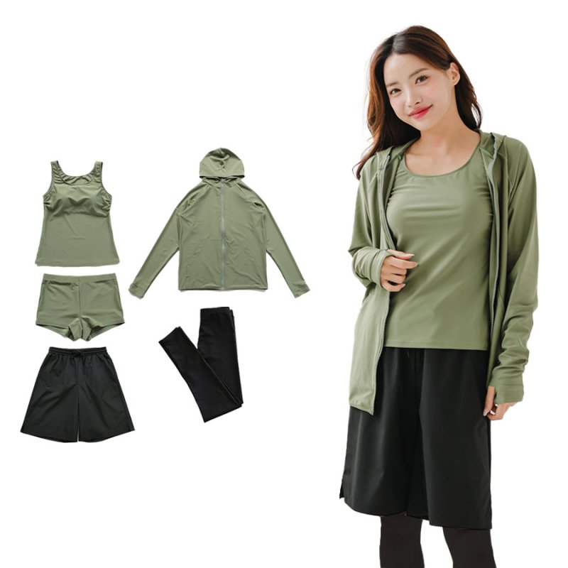 画像19: ファスナーつきラッシュバード とレギンスと布帛パンツとタンキニ上下セットの水着5点セット　水着 レディース ラッシュガード 上下セット 体型カバー セパレート タンキニ 長袖 5点セット フード付き ジップアップ レギンス uvカット upf50+ プール 海 水陸両用 [SW504] (19)