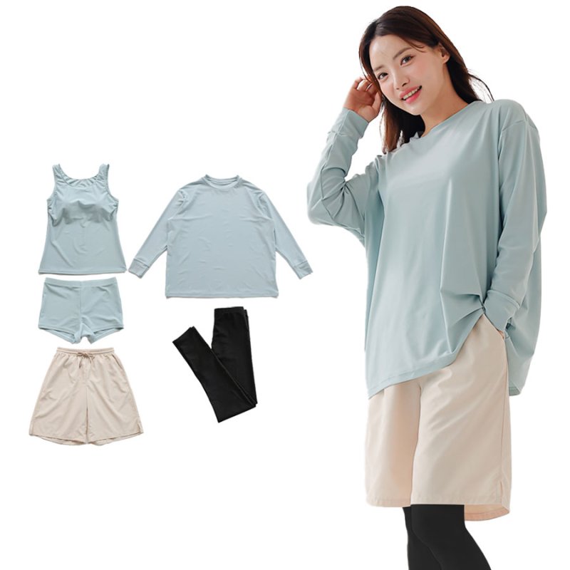 画像21: 無地　ロング袖体系カバーTシャツ　布帛ショットパンツ　レギンス　タンキニ上下セット　水着5点セット レディース 体型カバー ラッシュガード 長袖 5点セット フィットネス [SW502] (21)