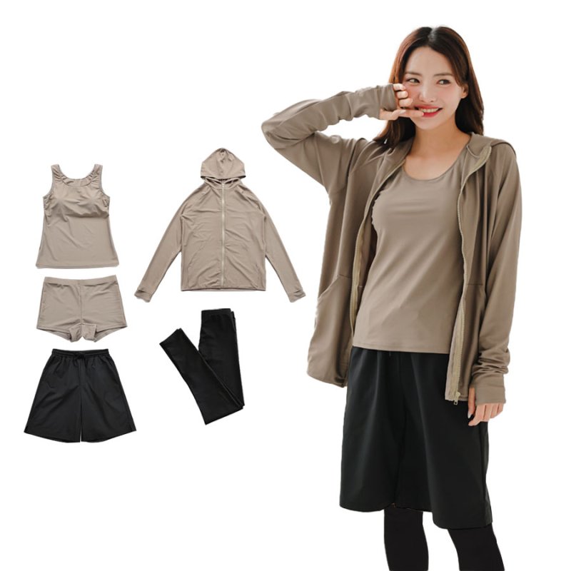 画像18: ファスナーつきラッシュバード とレギンスと布帛パンツとタンキニ上下セットの水着5点セット　水着 レディース ラッシュガード 上下セット 体型カバー セパレート タンキニ 長袖 5点セット フード付き ジップアップ レギンス uvカット upf50+ プール 海 水陸両用 [SW504] (18)