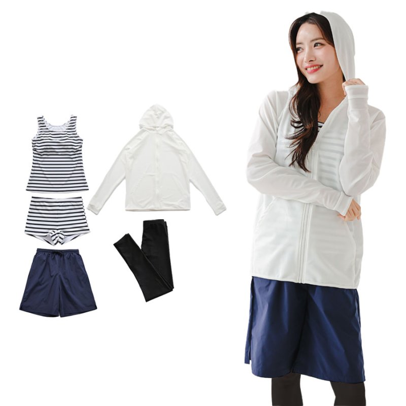 画像22: ファスナーつきラッシュバード とレギンスと布帛パンツとタンキニ上下セットの水着5点セット　水着 レディース ラッシュガード 上下セット 体型カバー セパレート タンキニ 長袖 5点セット フード付き ジップアップ レギンス uvカット upf50+ プール 海 水陸両用 [SW504] (22)