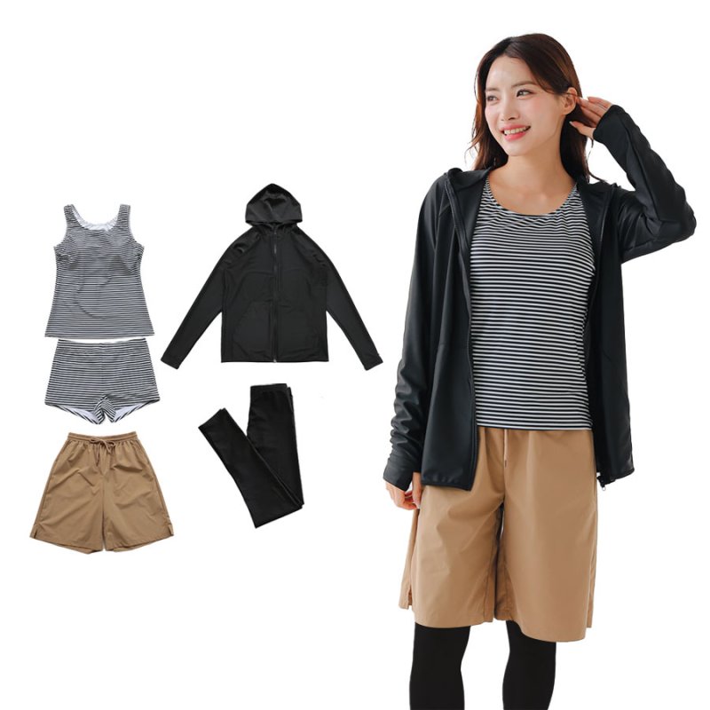 画像17: ファスナーつきラッシュバード とレギンスと布帛パンツとタンキニ上下セットの水着5点セット　水着 レディース ラッシュガード 上下セット 体型カバー セパレート タンキニ 長袖 5点セット フード付き ジップアップ レギンス uvカット upf50+ プール 海 水陸両用 [SW504] (17)