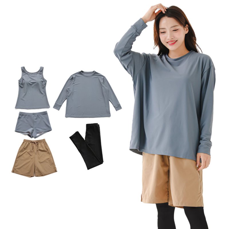 画像18: 無地　ロング袖体系カバーTシャツ　布帛ショットパンツ　レギンス　タンキニ上下セット　水着5点セット レディース 体型カバー ラッシュガード 長袖 5点セット フィットネス [SW502] (18)