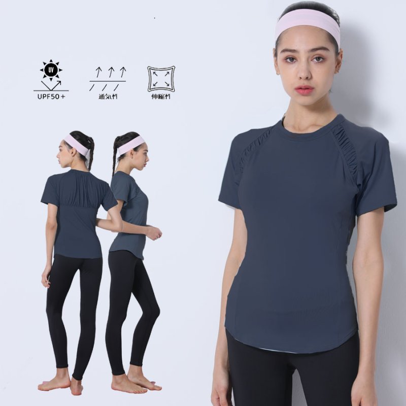 画像24: カップ付きヨガ単品Tシャツ Tシャツ レディース 半袖 ストレッチ 吸汗 速乾 スポーツ ナイロン 無地 シャツ ランニング ソフト ヨガ トップス テニス ジム ウェア 透け防止 UVカット 運動着 [YGW20-16] (24)