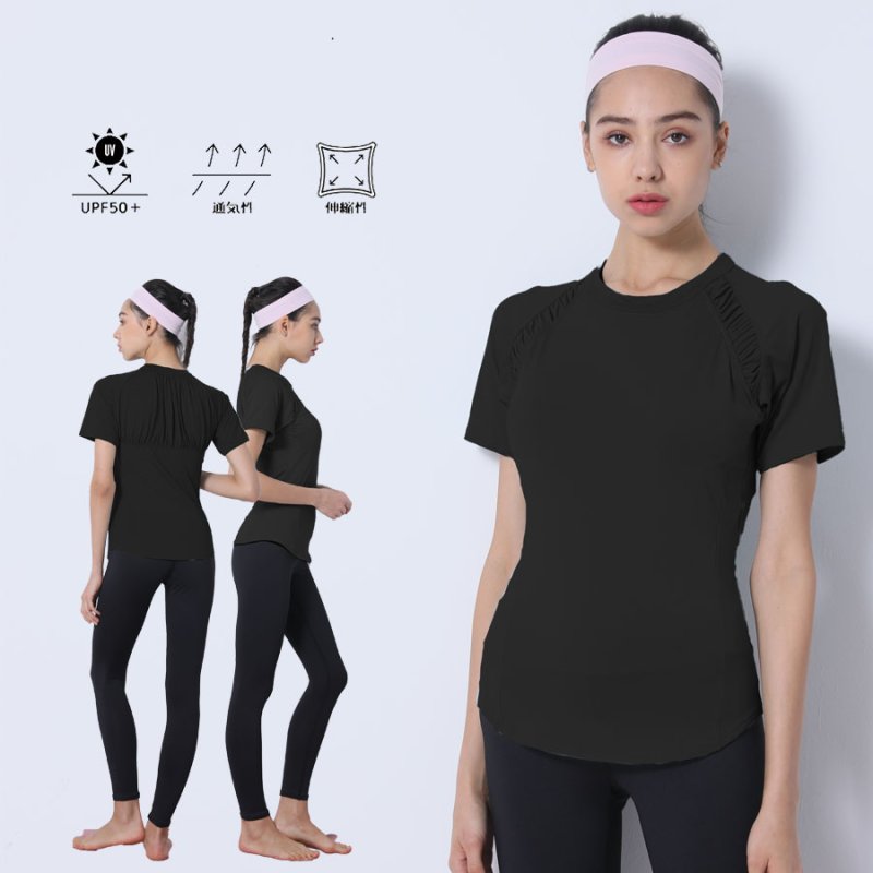 画像20: カップ付きヨガ単品Tシャツ Tシャツ レディース 半袖 ストレッチ 吸汗 速乾 スポーツ ナイロン 無地 シャツ ランニング ソフト ヨガ トップス テニス ジム ウェア 透け防止 UVカット 運動着 [YGW20-16] (20)