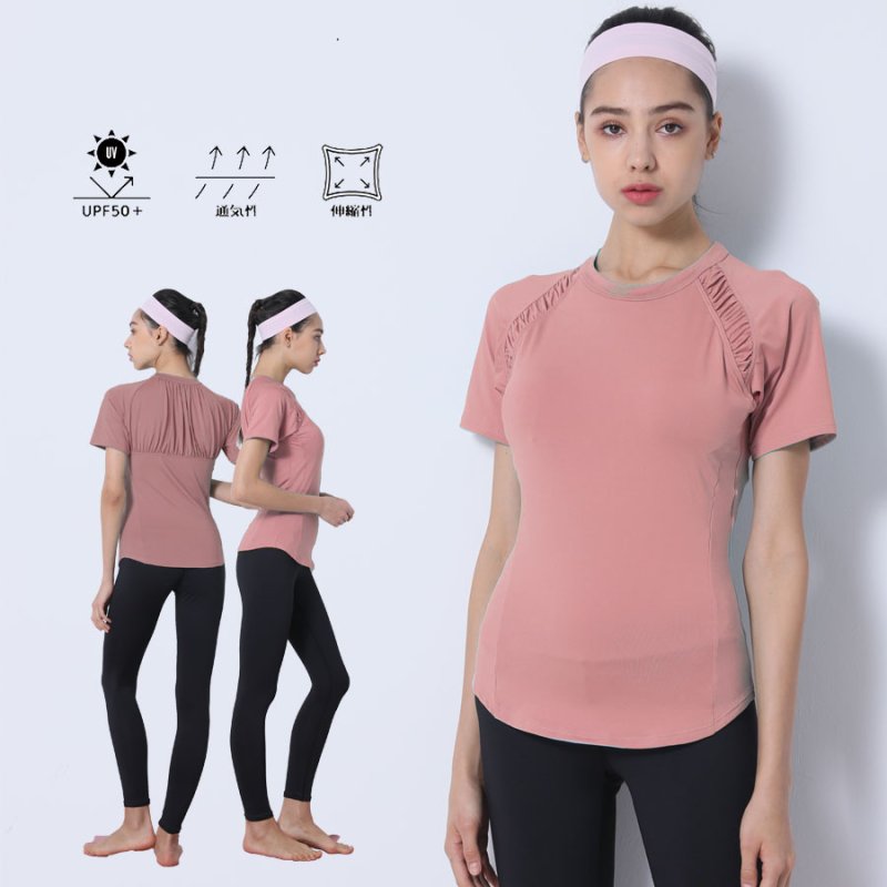 画像25: カップ付きヨガ単品Tシャツ Tシャツ レディース 半袖 ストレッチ 吸汗 速乾 スポーツ ナイロン 無地 シャツ ランニング ソフト ヨガ トップス テニス ジム ウェア 透け防止 UVカット 運動着 [YGW20-16] (25)