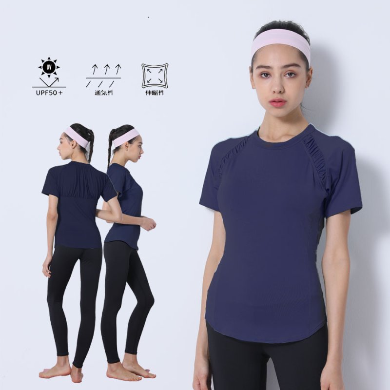 画像23: カップ付きヨガ単品Tシャツ Tシャツ レディース 半袖 ストレッチ 吸汗 速乾 スポーツ ナイロン 無地 シャツ ランニング ソフト ヨガ トップス テニス ジム ウェア 透け防止 UVカット 運動着 [YGW20-16] (23)