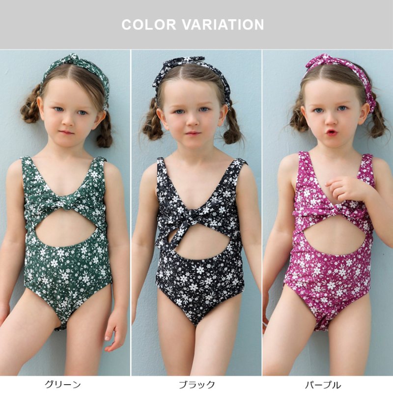 画像2: カチューシャ付き 子供（小）水着 女の子 ワンピース キッズ リボン 子ども用水着 ワンピース 水泳 スイムウェア ウェアキッズ スイムウェア 旅行温泉 紫外線対策 5サイズ (2)