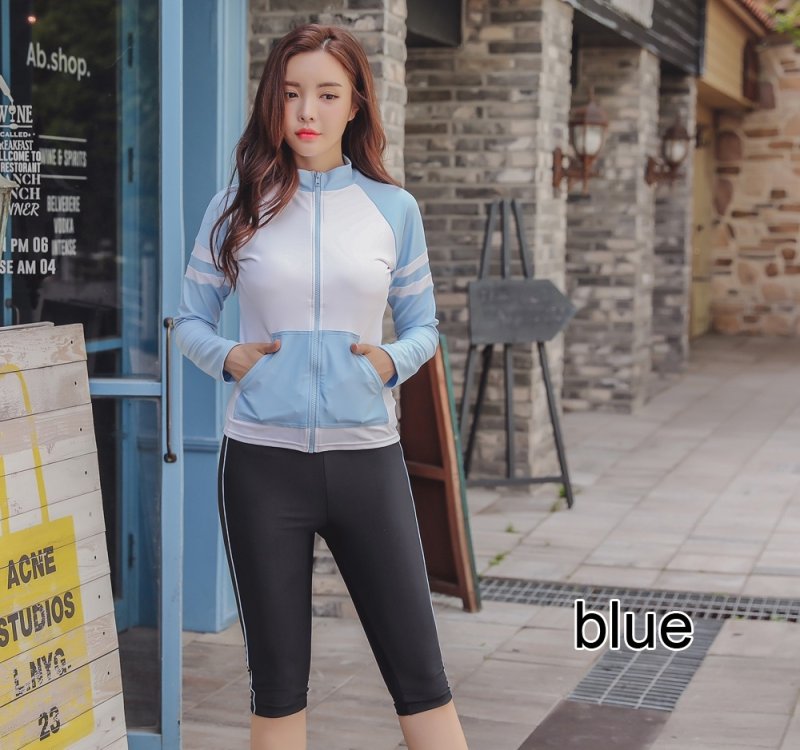 画像9: ロング袖　７分レギンスパンセット　フィットネス水着　めぐれ防止付き　水着 レディース セパレート 半袖 上下セット めくれ防止 スクール UVカット ファスナー 袖付 体型カバー カップ付 (9)