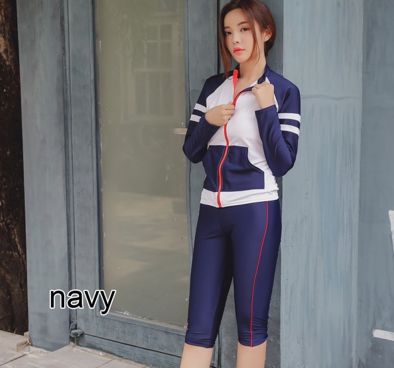 画像10: ロング袖　７分レギンスパンセット　フィットネス水着　めぐれ防止付き　水着 レディース セパレート 半袖 上下セット めくれ防止 スクール UVカット ファスナー 袖付 体型カバー カップ付 (10)