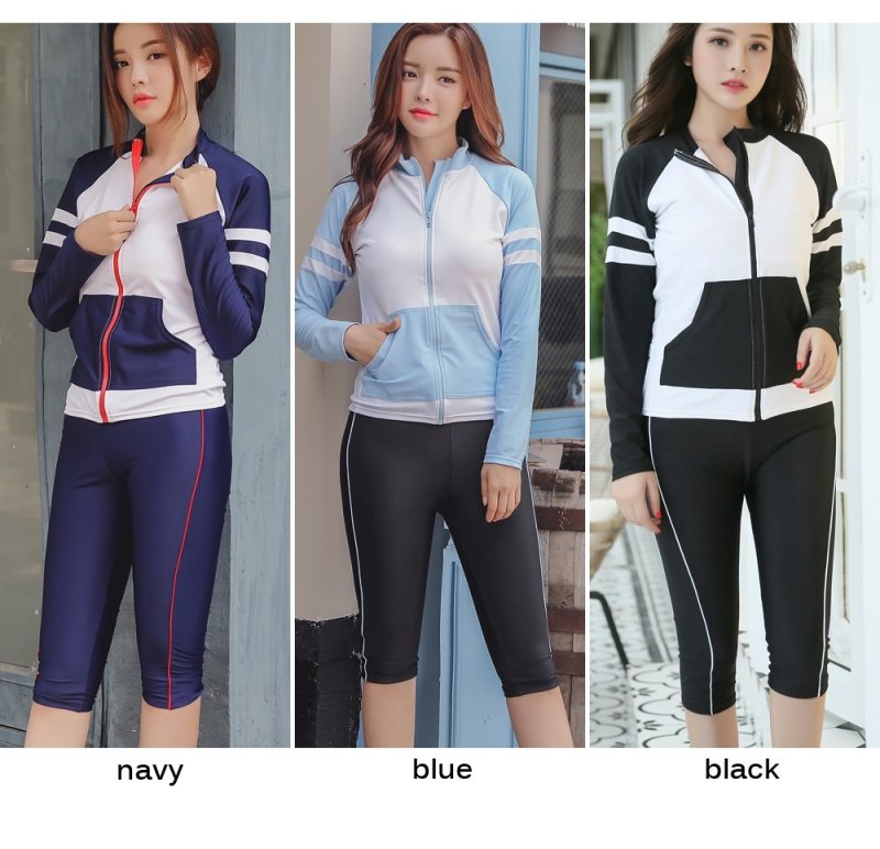 画像5: ロング袖　７分レギンスパンセット　フィットネス水着　めぐれ防止付き　水着 レディース セパレート 半袖 上下セット めくれ防止 スクール UVカット ファスナー 袖付 体型カバー カップ付 (5)