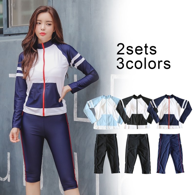 画像2: ロング袖　７分レギンスパンセット　フィットネス水着　めぐれ防止付き　水着 レディース セパレート 半袖 上下セット めくれ防止 スクール UVカット ファスナー 袖付 体型カバー カップ付 (2)