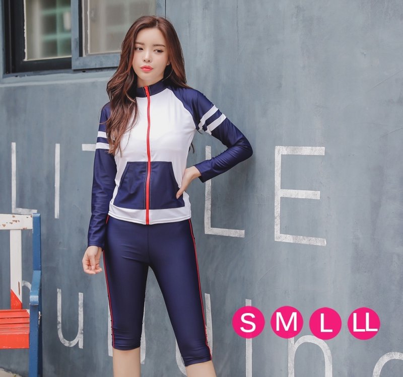 画像4: ロング袖　７分レギンスパンセット　フィットネス水着　めぐれ防止付き　水着 レディース セパレート 半袖 上下セット めくれ防止 スクール UVカット ファスナー 袖付 体型カバー カップ付 (4)