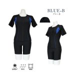 画像14: スイムキャップ付き フィットネス水着 レディース セパレート 半袖 上下セット 大きいサイズ キャップ付き めくれ防止 体型カバー フィットネス水着 (14)
