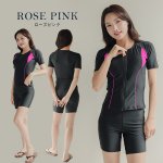 画像15: スイムキャップ付き フィットネス水着 レディース セパレート 半袖 上下セット 大きいサイズ キャップ付き めくれ防止 体型カバー フィットネス水着 (15)