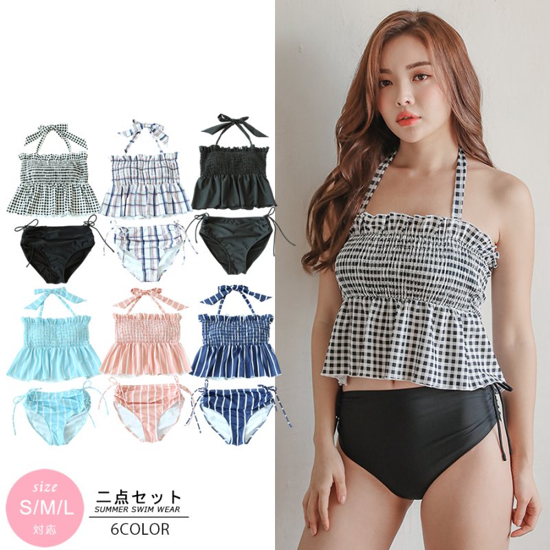 画像5: 水着2点セット シャイリングトップスビキニ/ハイウェストショーツ水着セット タンキニ レディース 体型カバー 2点セット セパレート ビスチェ風ブラ ブラトップ パッド付き ハイウエスト カバーアップ モノトーン (5)