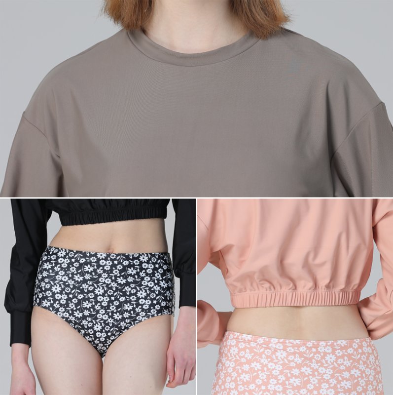 画像7: 長袖カップ付きTシャツとハイウェストショット二点セット水着　レディース 2点セット 体型カバー UVカットレイヤード風 ラッシュガード トップス かわいい ノンワイヤー パッド付き (7)