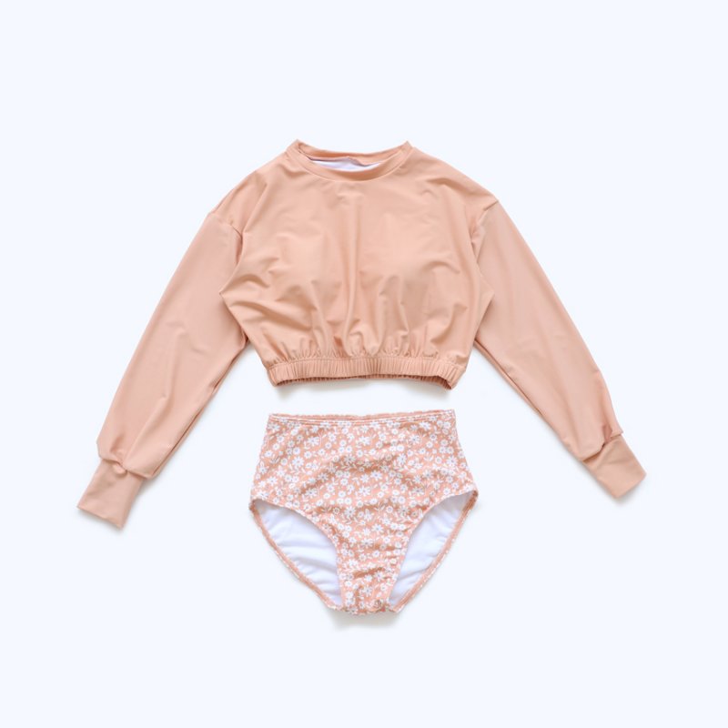 画像4: 長袖カップ付きTシャツとハイウェストショット二点セット水着　レディース 2点セット 体型カバー UVカットレイヤード風 ラッシュガード トップス かわいい ノンワイヤー パッド付き (4)