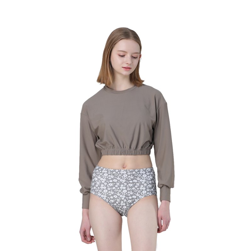 画像10: 長袖カップ付きTシャツとハイウェストショット二点セット水着　レディース 2点セット 体型カバー UVカットレイヤード風 ラッシュガード トップス かわいい ノンワイヤー パッド付き (10)