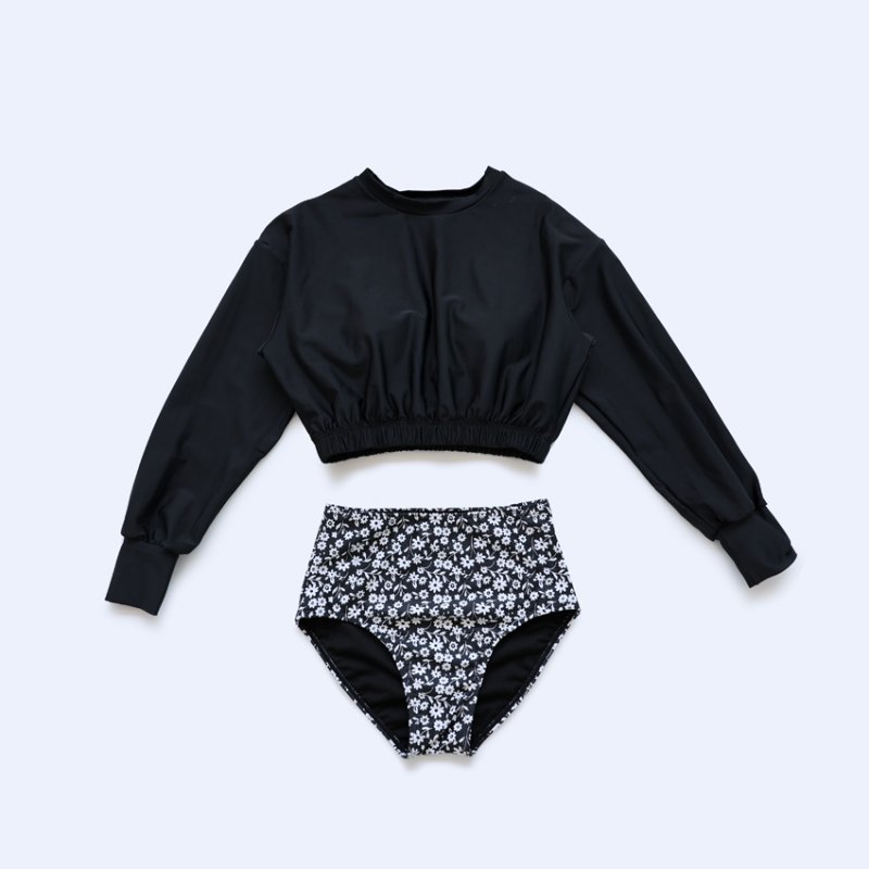 画像2: 長袖カップ付きTシャツとハイウェストショット二点セット水着　レディース 2点セット 体型カバー UVカットレイヤード風 ラッシュガード トップス かわいい ノンワイヤー パッド付き (2)