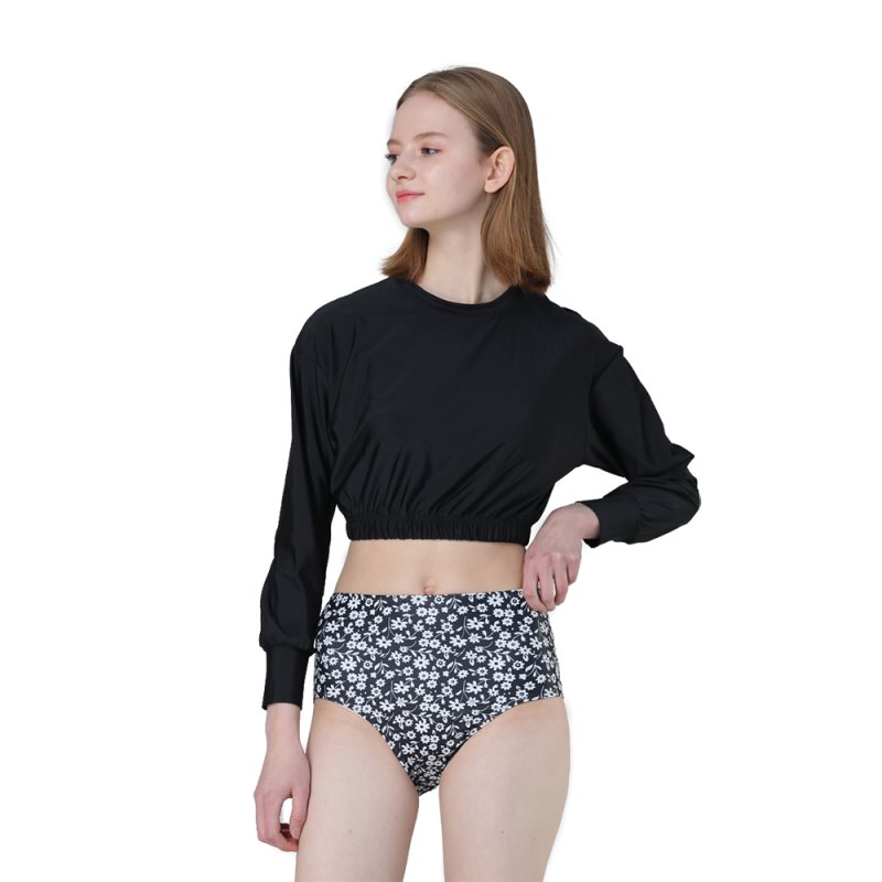 画像9: 長袖カップ付きTシャツとハイウェストショット二点セット水着　レディース 2点セット 体型カバー UVカットレイヤード風 ラッシュガード トップス かわいい ノンワイヤー パッド付き (9)