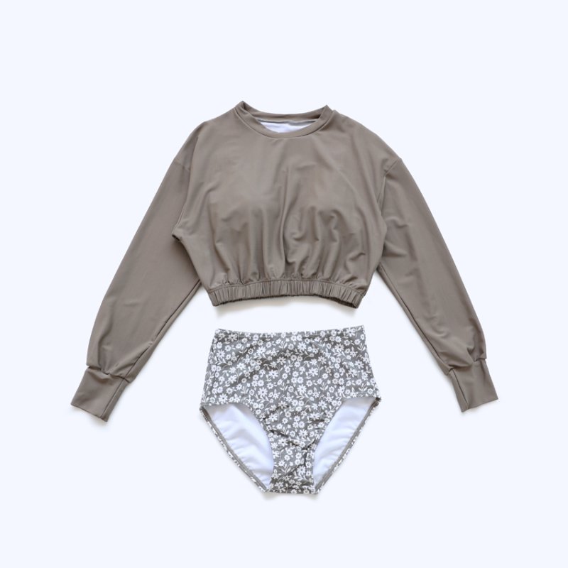 画像3: 長袖カップ付きTシャツとハイウェストショット二点セット水着　レディース 2点セット 体型カバー UVカットレイヤード風 ラッシュガード トップス かわいい ノンワイヤー パッド付き (3)