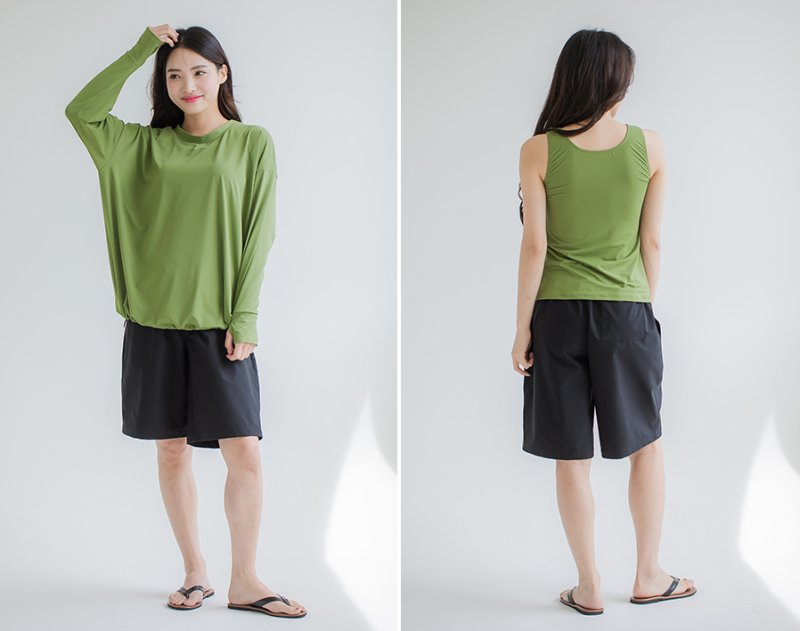 画像39: トップスとショーツとカバーアップロングTと布帛パンツ４点セット水着 タンキニ水着 レディース 体型カバー 長袖シャツ ラッシュガード ハーフパンツ 4点セットビキニ (39)