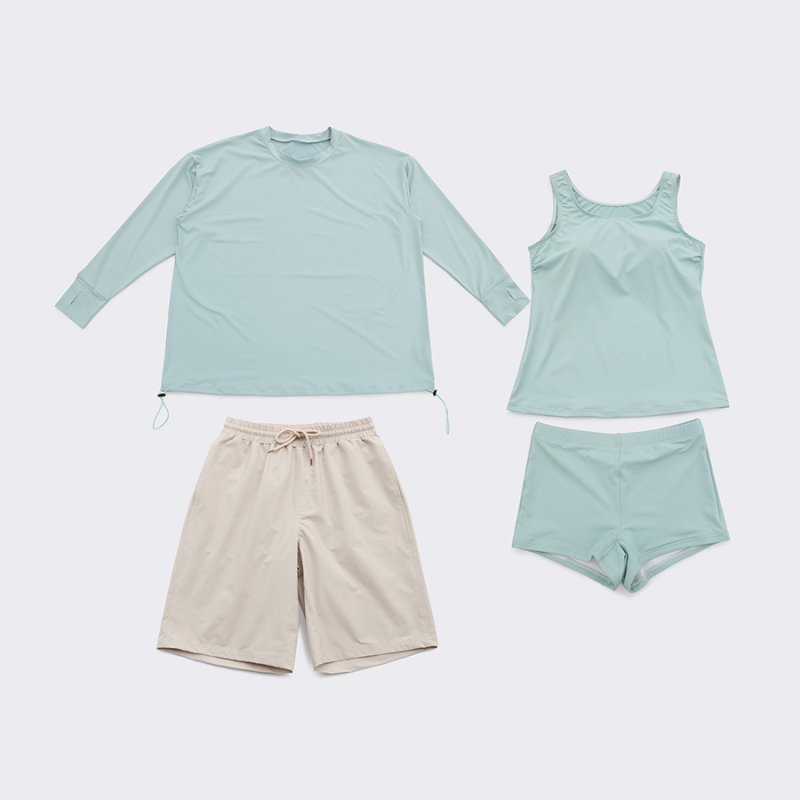 画像26: トップスとショーツとカバーアップロングTと布帛パンツ４点セット水着 タンキニ水着 レディース 体型カバー 長袖シャツ ラッシュガード ハーフパンツ 4点セットビキニ (26)