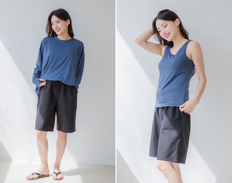 画像31: トップスとショーツとカバーアップロングTと布帛パンツ４点セット水着 タンキニ水着 レディース 体型カバー 長袖シャツ ラッシュガード ハーフパンツ 4点セットビキニ (31)